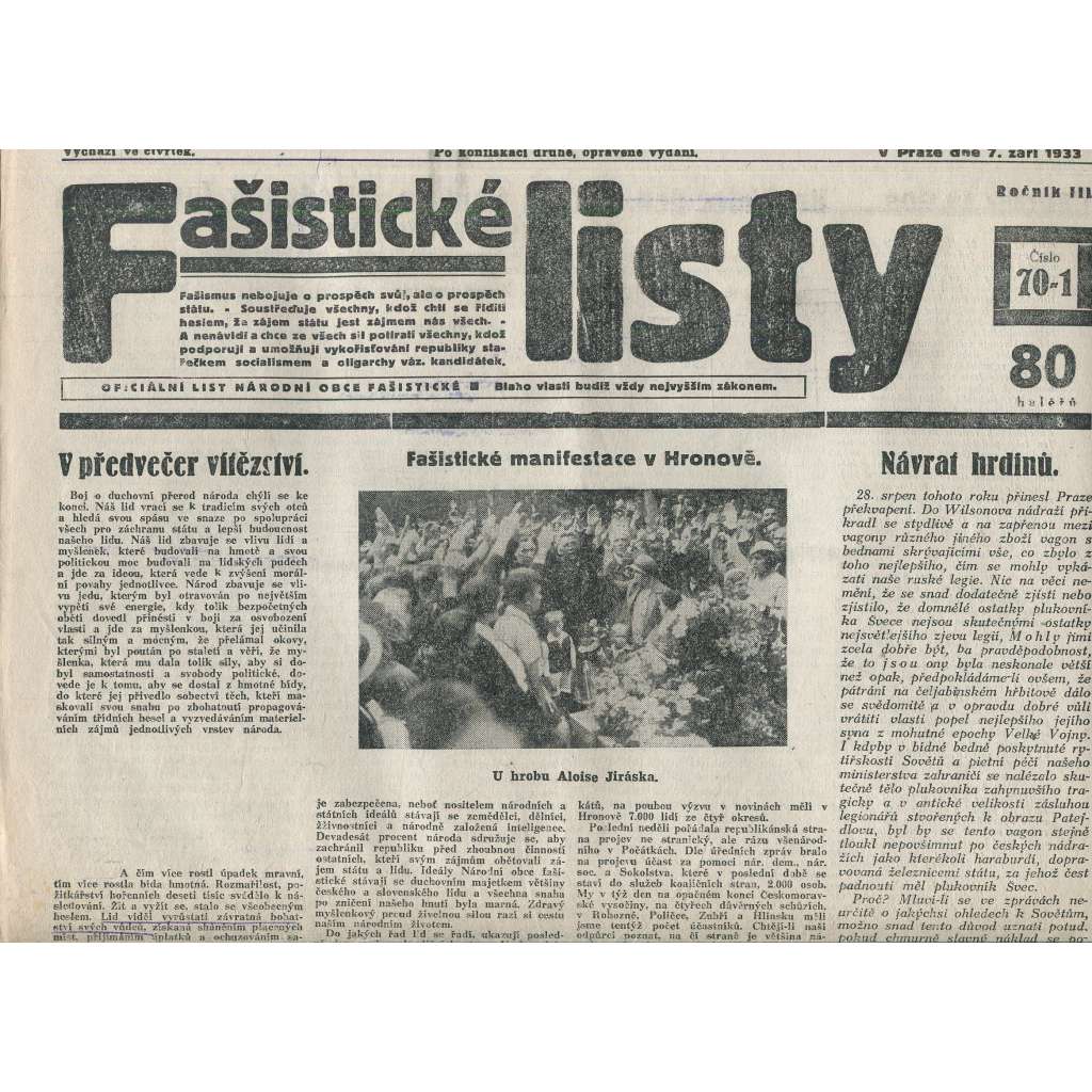Fašistické listy, ročník III., číslo 70-71/1933. Oficiální list Národní obce fašistické (noviny, pravicová literatura, 1. republika)
