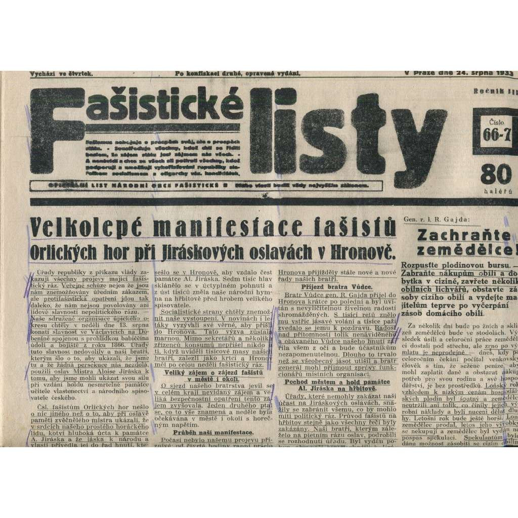 Fašistické listy, ročník III., číslo 66-67/1933. Oficiální list Národní obce fašistické (noviny, pravicová literatura, 1. republika)