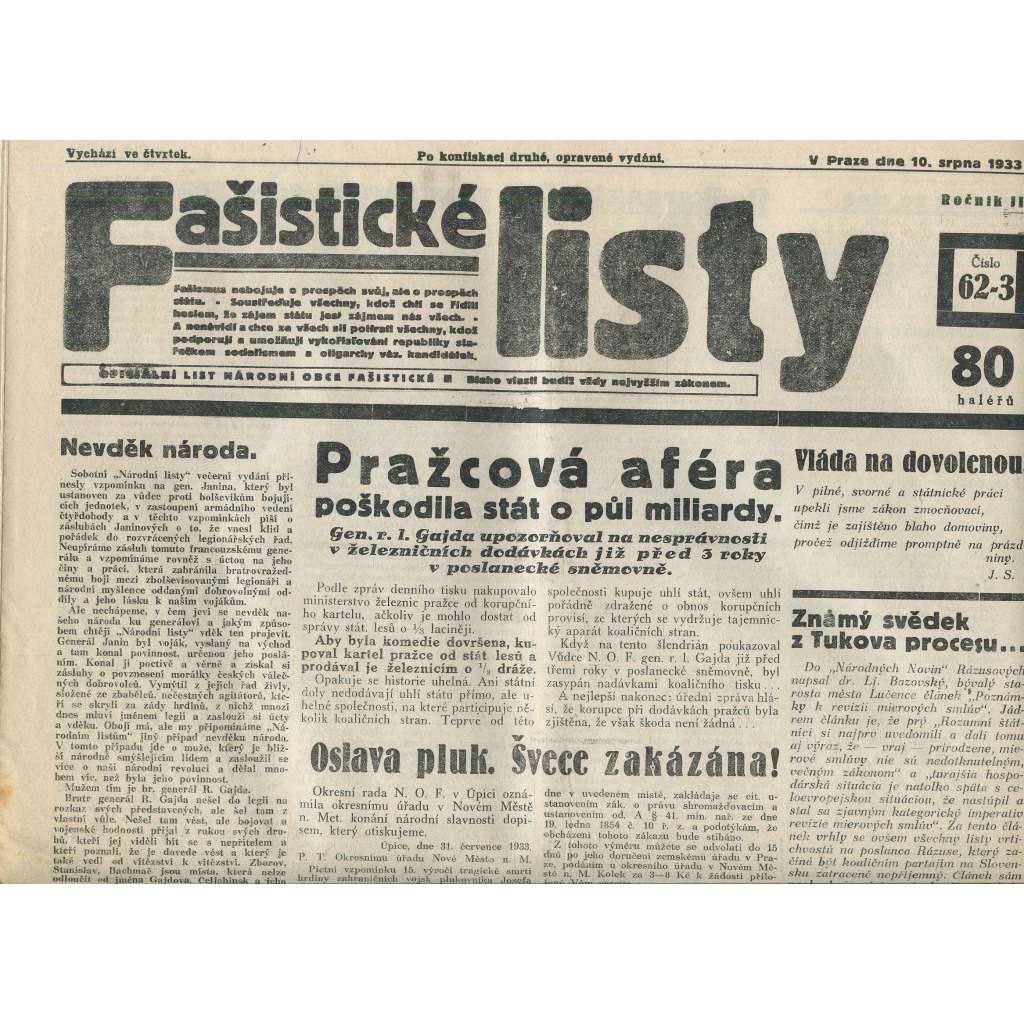 Fašistické listy, ročník III., číslo 62-63/1933. Oficiální list Národní obce fašistické (noviny, pravicová literatura, 1. republika)