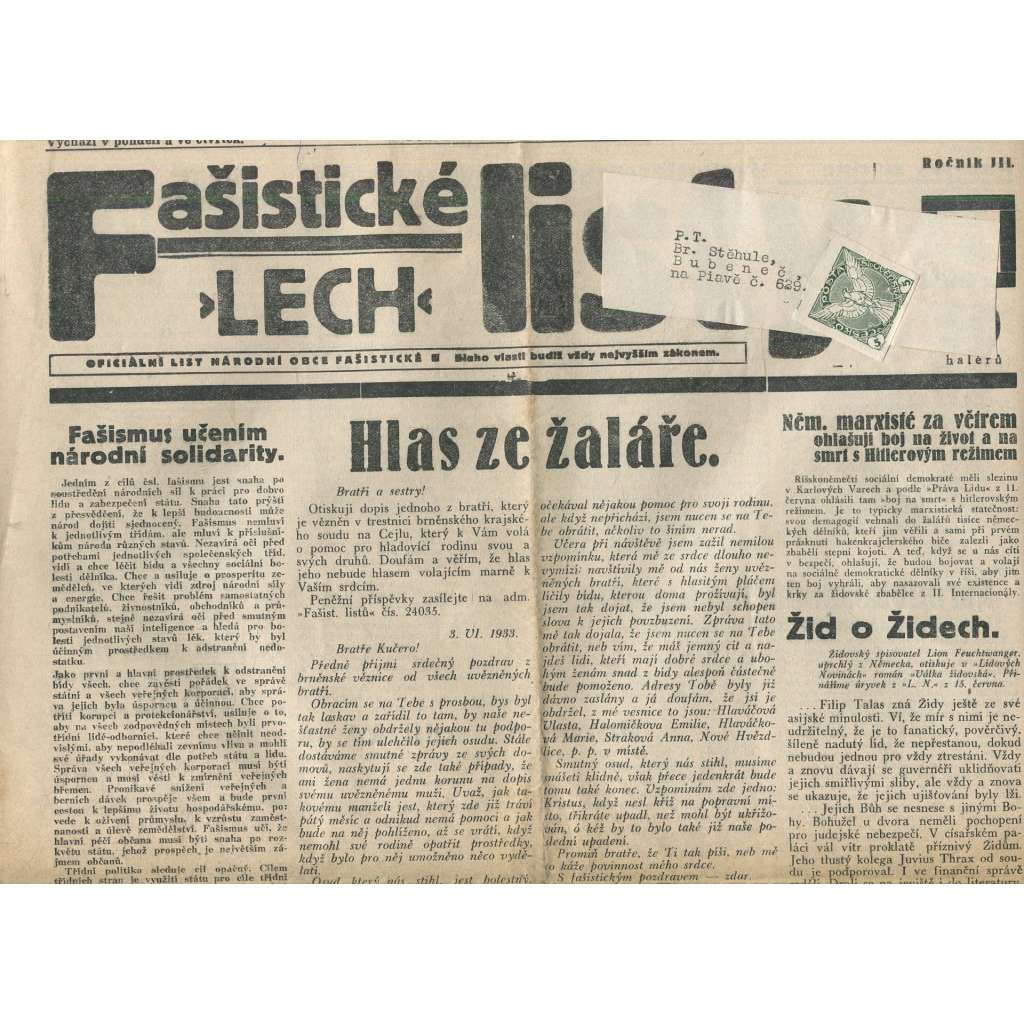 Fašistické listy, ročník III., číslo 49/1933. Oficiální list Národní obce fašistické (noviny, pravicová literatura, 1. republika)