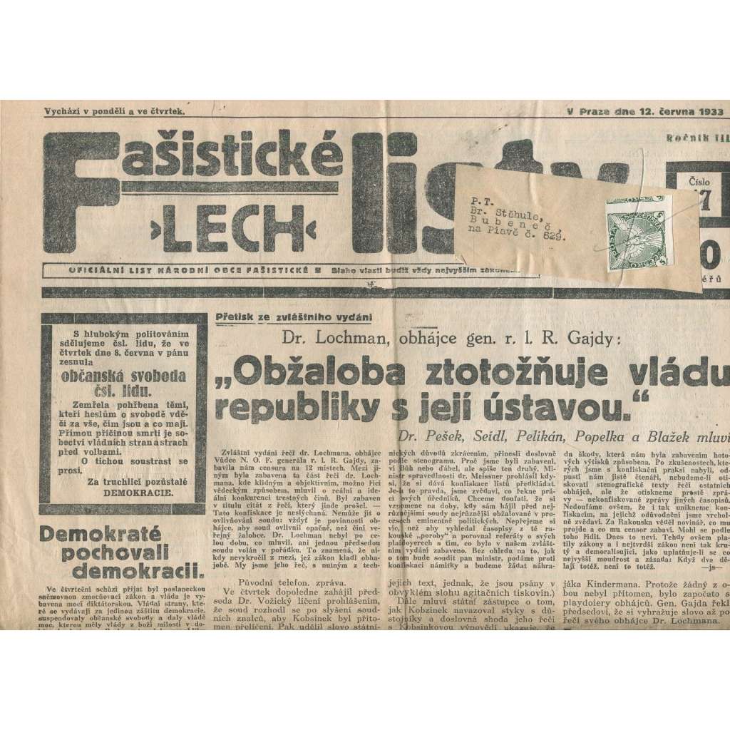 Fašistické listy, ročník III., číslo 47/1933. Oficiální list Národní obce fašistické (noviny, pravicová literatura, 1. republika)