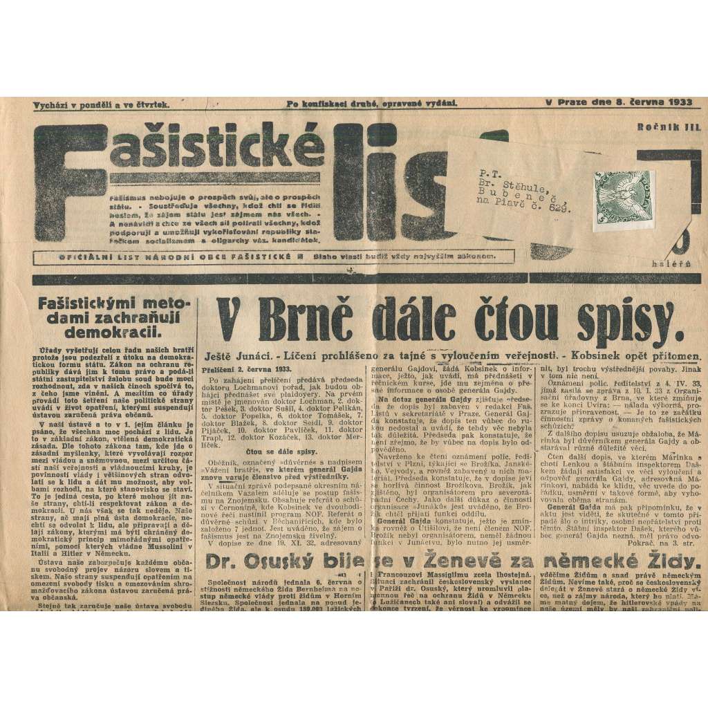 Fašistické listy, ročník III., číslo 46/1933. Oficiální list Národní obce fašistické (noviny, pravicová literatura, 1. republika)