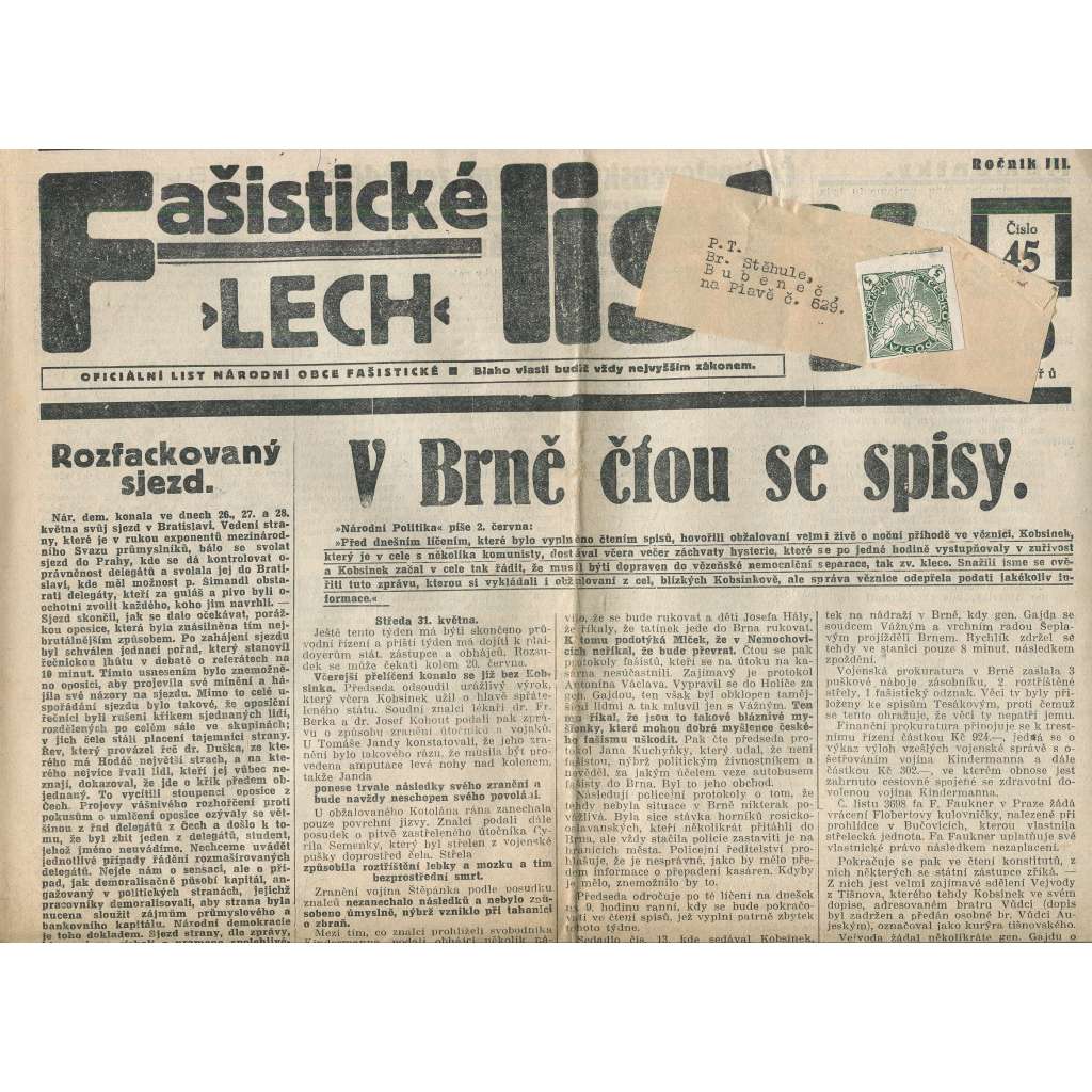 Fašistické listy, ročník III., číslo 45/1933. Oficiální list Národní obce fašistické (noviny, pravicová literatura, 1. republika)
