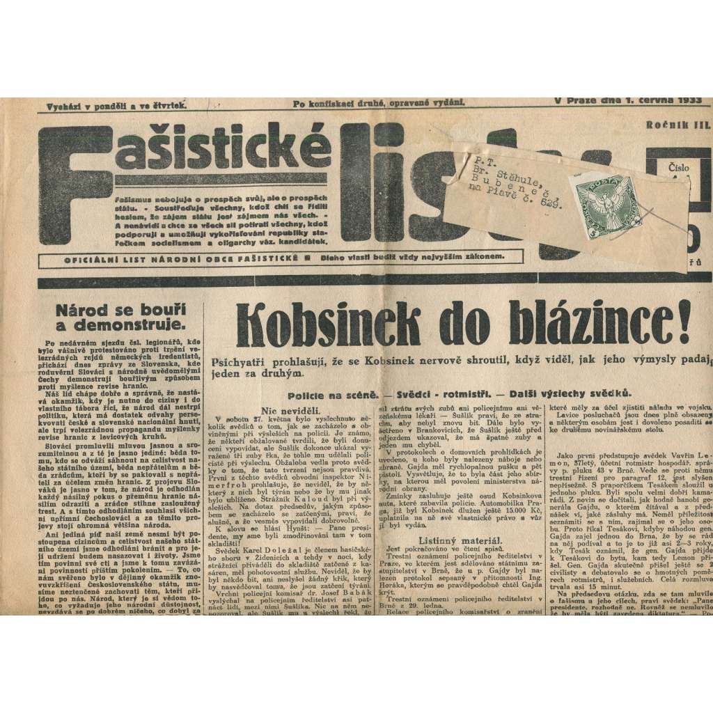 Fašistické listy, ročník III., číslo 44/1933. Oficiální list Národní obce fašistické (noviny, pravicová literatura, 1. republika)