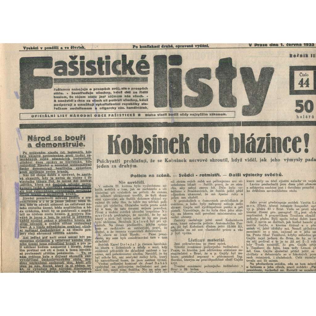 Fašistické listy, ročník III., číslo 44/1933. Oficiální list Národní obce fašistické (noviny, pravicová literatura, 1. republika)