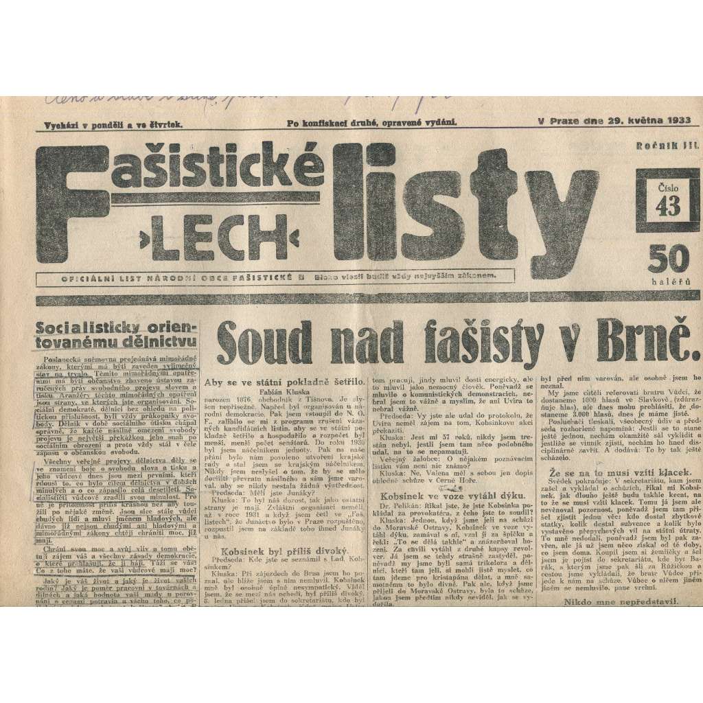 Fašistické listy, ročník III., číslo 43/1933. Oficiální list Národní obce fašistické (noviny, pravicová literatura, 1. republika)