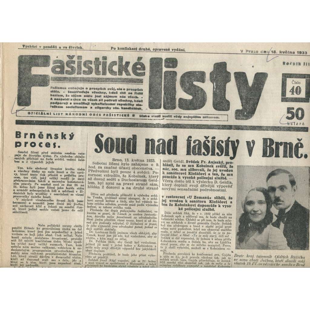 Fašistické listy, ročník III., číslo 40/1933. Oficiální list Národní obce fašistické (noviny, pravicová literatura, 1. republika)