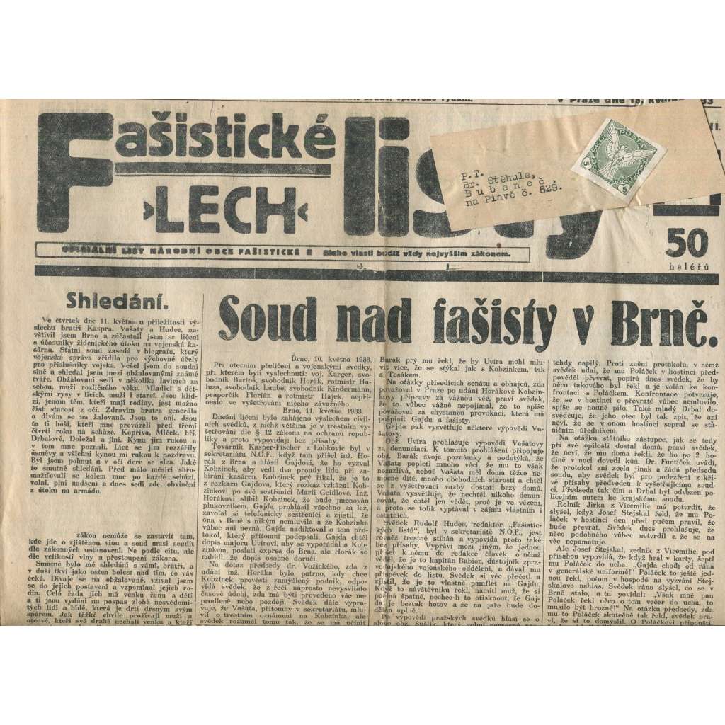 Fašistické listy, ročník III., číslo 39/1933. Oficiální list Národní obce fašistické (noviny, pravicová literatura, 1. republika)