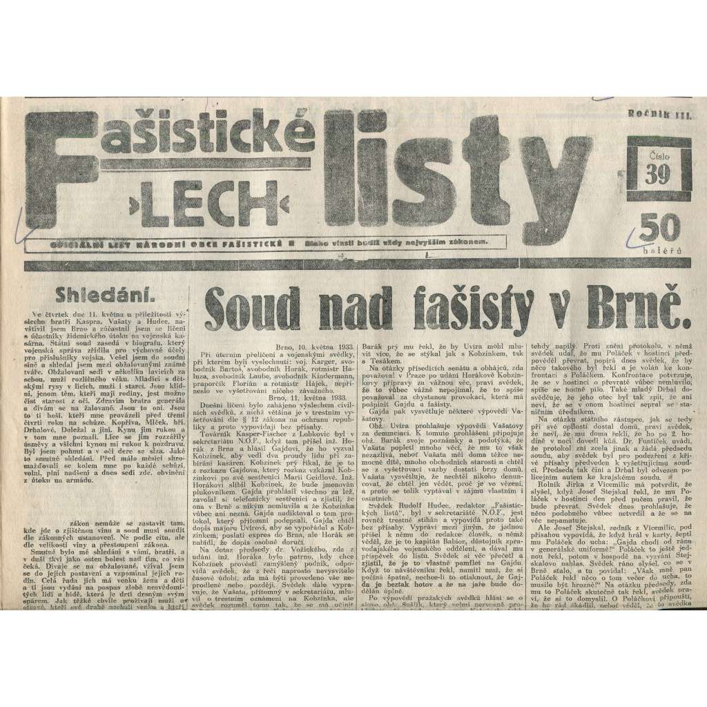 Fašistické listy, ročník III., číslo 39/1933. Oficiální list Národní obce fašistické (noviny, pravicová literatura, 1. republika)