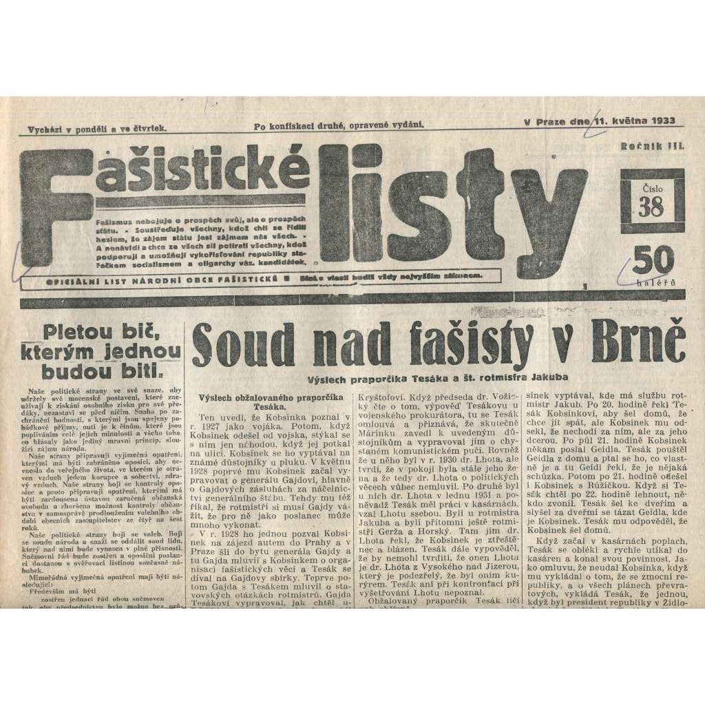 Fašistické listy, ročník III., číslo 38/1933. Oficiální list Národní obce fašistické (noviny, pravicová literatura, 1. republika)
