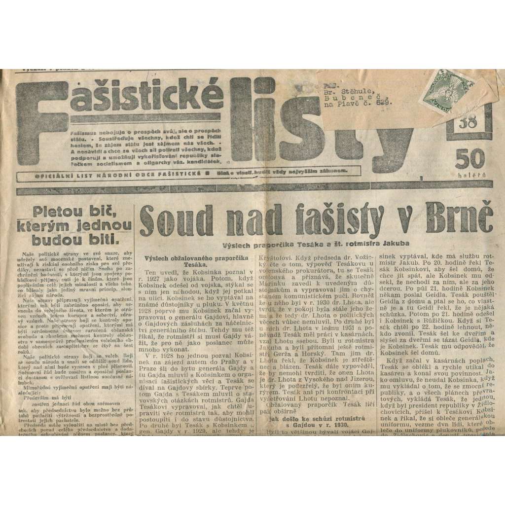 Fašistické listy, ročník III., číslo 38/1933. Oficiální list Národní obce fašistické (noviny, pravicová literatura, 1. republika)