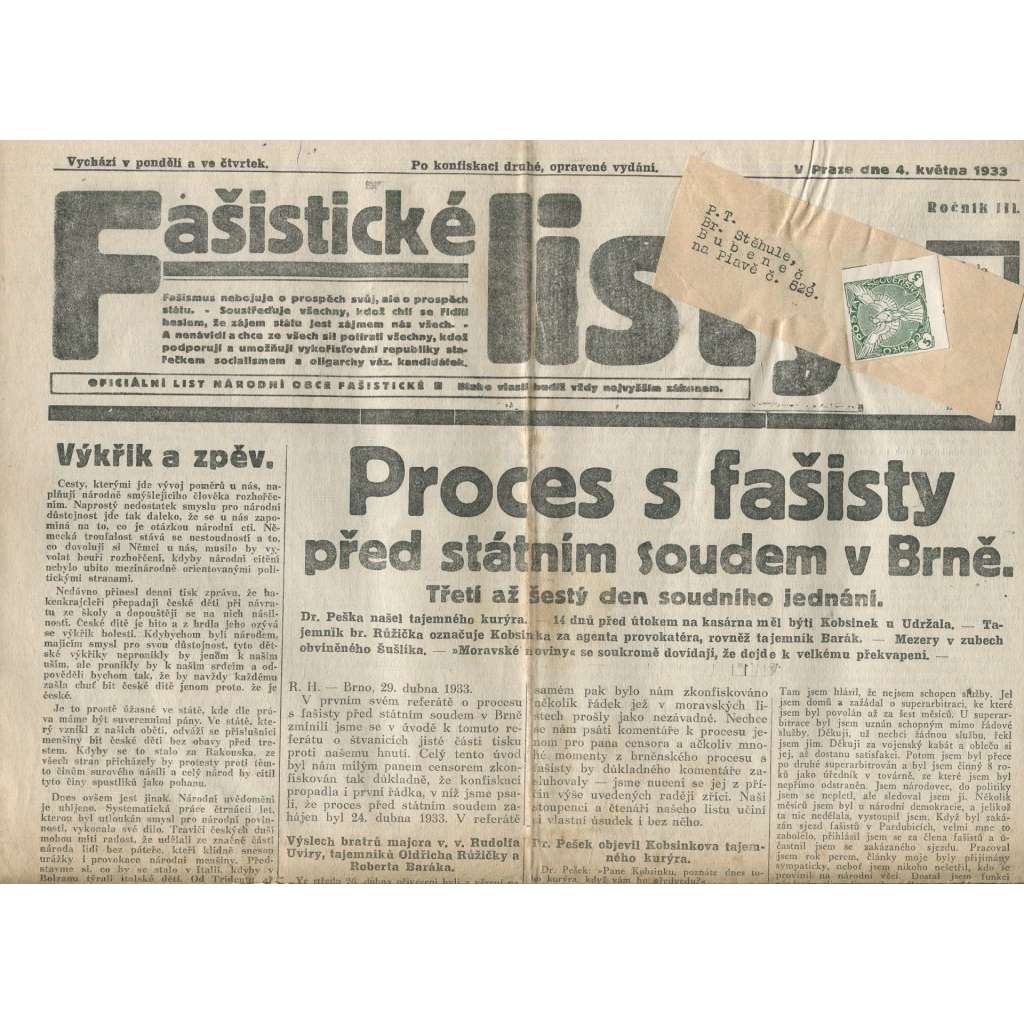 Fašistické listy, ročník III., číslo 36/1933. Oficiální list Národní obce fašistické (noviny, pravicová literatura, 1. republika)