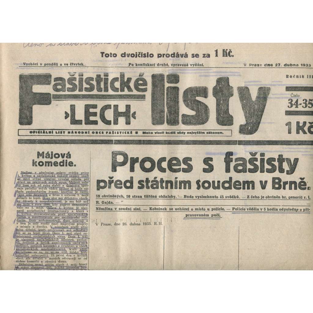 Fašistické listy, ročník III., číslo 34-35/1933. Oficiální list Národní obce fašistické (noviny, pravicová literatura, 1. republika)