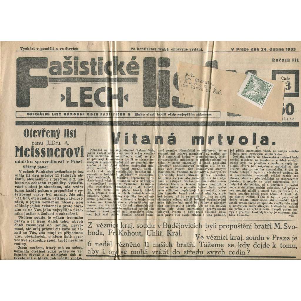 Fašistické listy, ročník III., číslo 33/1933. Oficiální list Národní obce fašistické (noviny, pravicová literatura, 1. republika)