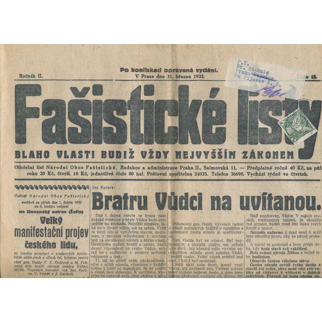 Fašistické listy, ročník II., číslo 13/1932. Oficiální list Národní obce fašistické (noviny, pravicová literatura, 1. republika)