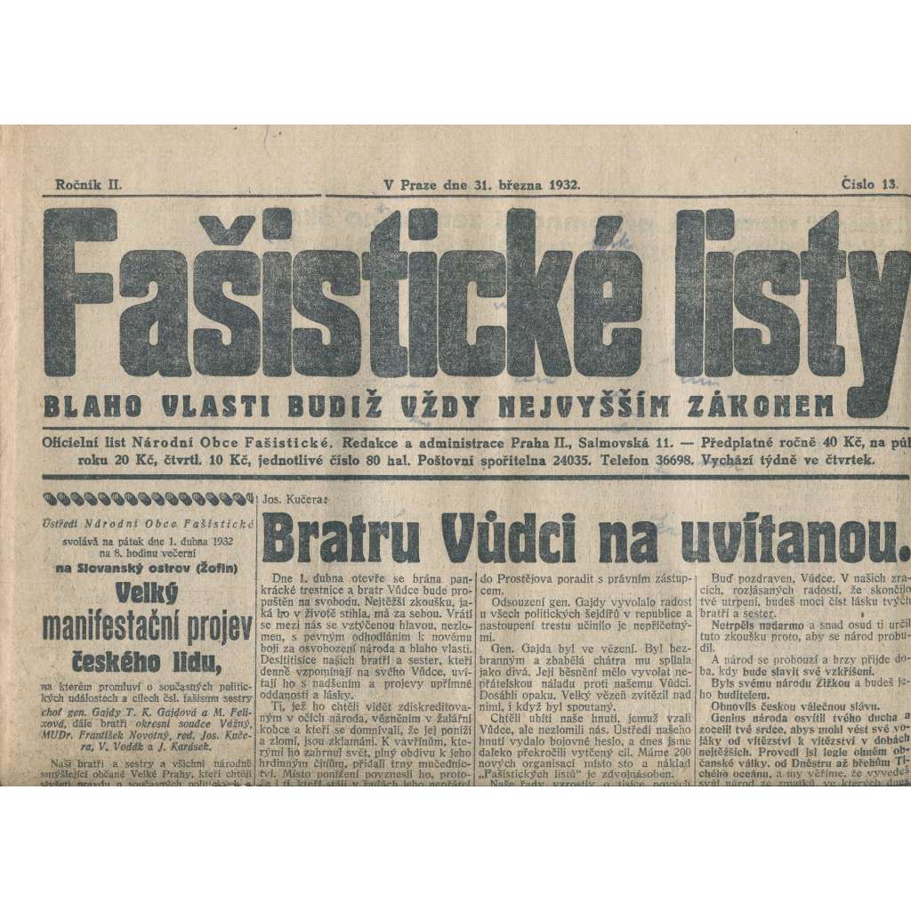 Fašistické listy, ročník II., číslo 13/1932. Oficiální list Národní obce fašistické (noviny, pravicová literatura, 1. republika)