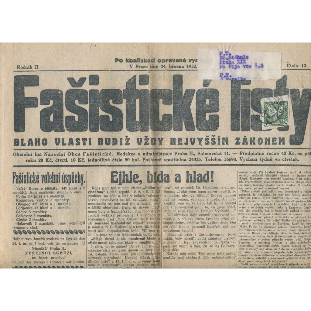 Fašistické listy, ročník II., číslo 12/1932. Oficiální list Národní obce fašistické (noviny, pravicová literatura, 1. republika)