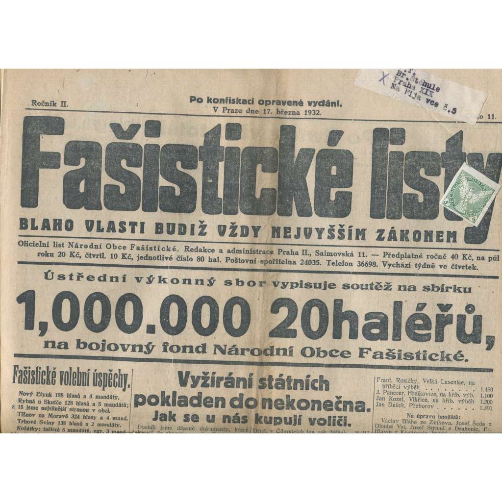 Fašistické listy, ročník II., číslo 11/1932. Oficiální list Národní obce fašistické (noviny, pravicová literatura, 1. republika)