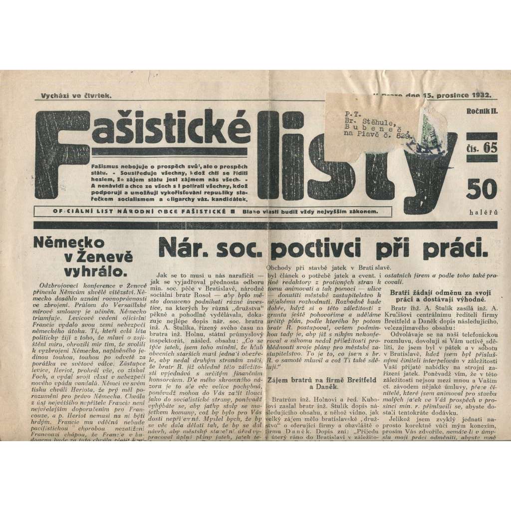 Fašistické listy, ročník II., číslo 65/1932. Oficiální list Národní obce fašistické (noviny, pravicová literatura, 1. republika)
