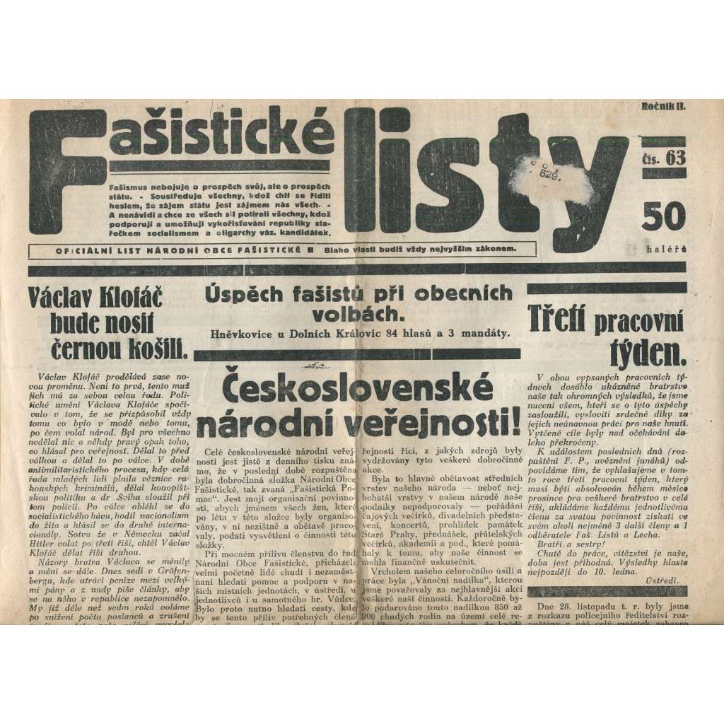 Fašistické listy, ročník II., číslo 63/1932. Oficiální list Národní obce fašistické (noviny, pravicová literatura, 1. republika)