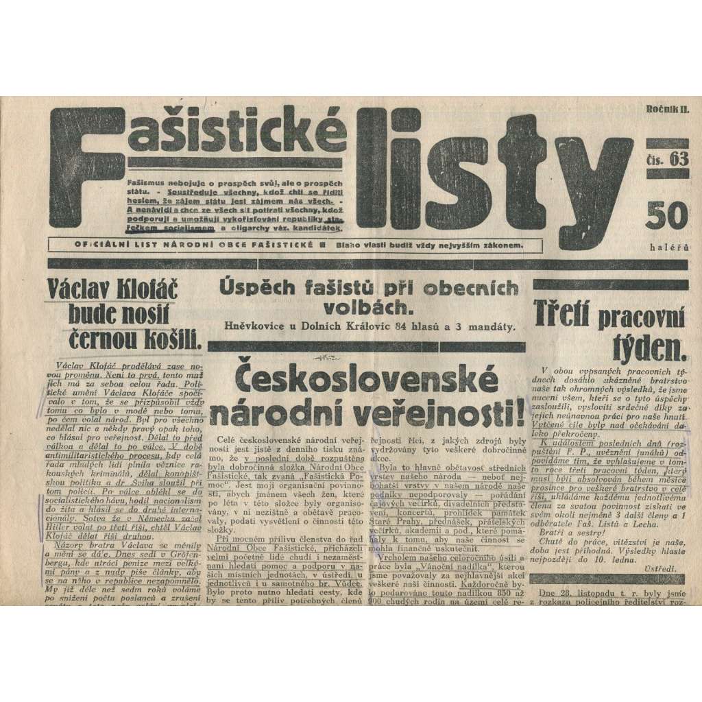 Fašistické listy, ročník II., číslo 63/1932. Oficiální list Národní obce fašistické (noviny, pravicová literatura, 1. republika)