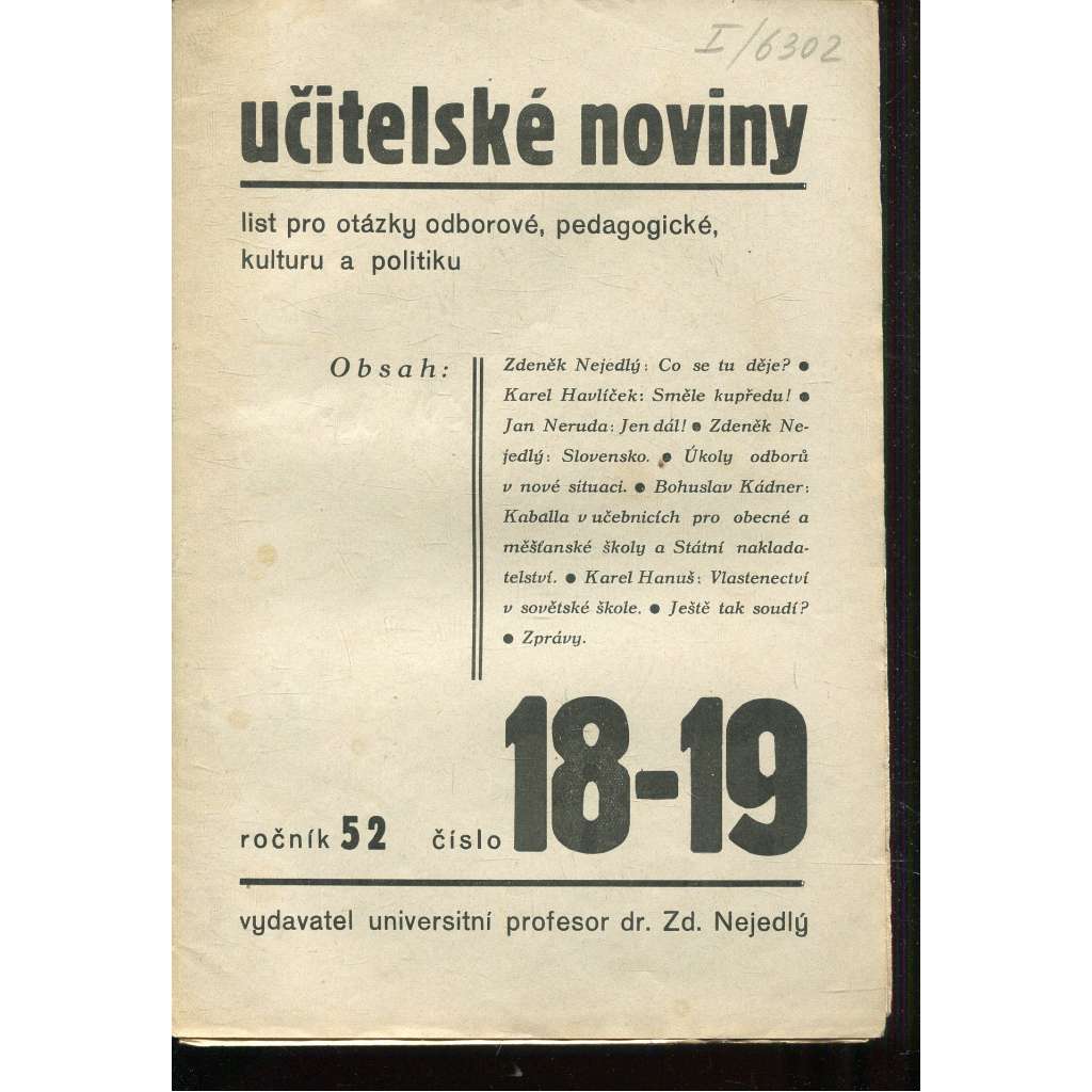 Učitelské noviny, ročník 52, číslo 18-19/1938. List pro otázky odborové, pedagogické, kulturu a politiku (staré noviny, 1. republika)