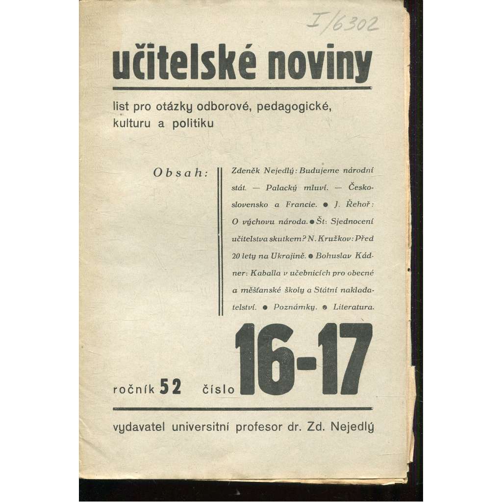 Učitelské noviny, ročník 52, číslo 16-17/1938. List pro otázky odborové, pedagogické, kulturu a politiku (staré noviny, 1. republika)