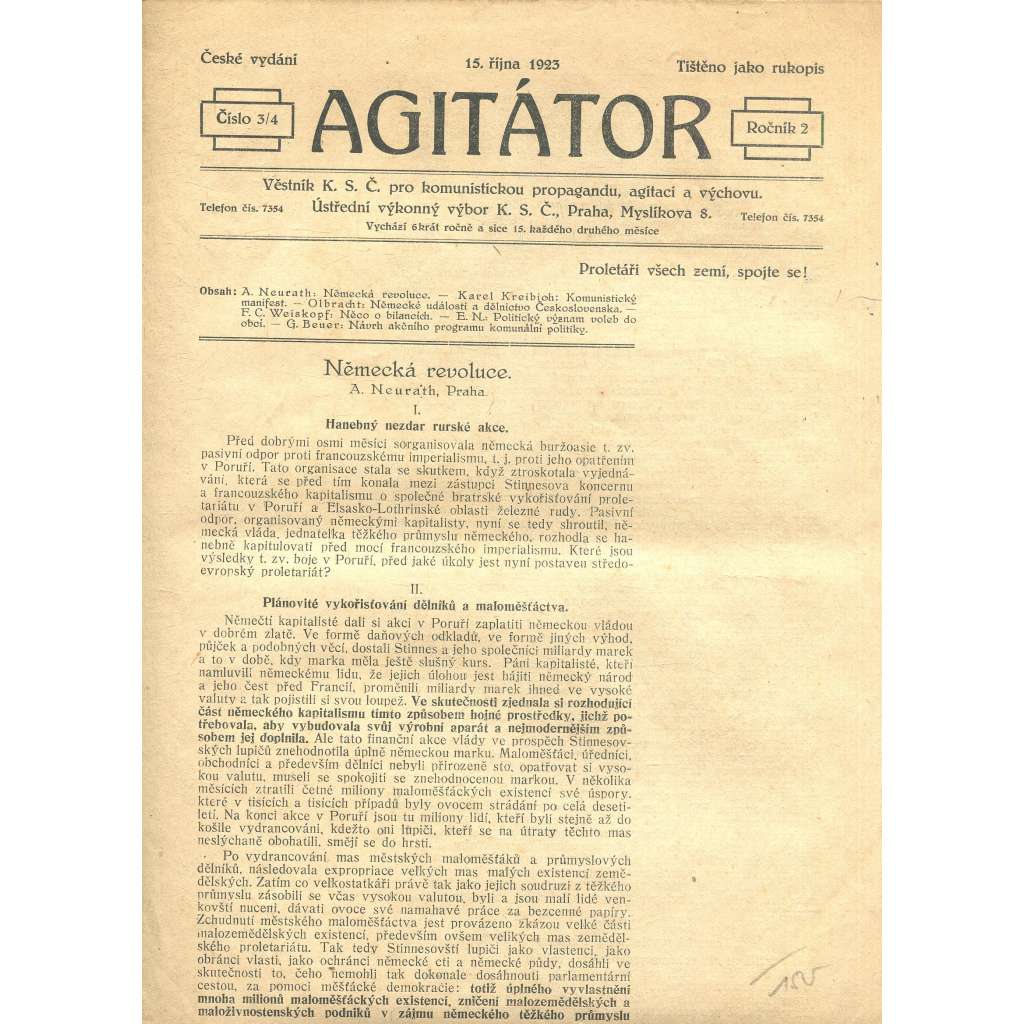Agitátor, ročník II., číslo 3-4/1923. Věstník K. S. Č. pro komunistickou propagandu, agitaci a výchovu (staré noviny, komunistická literatura)
