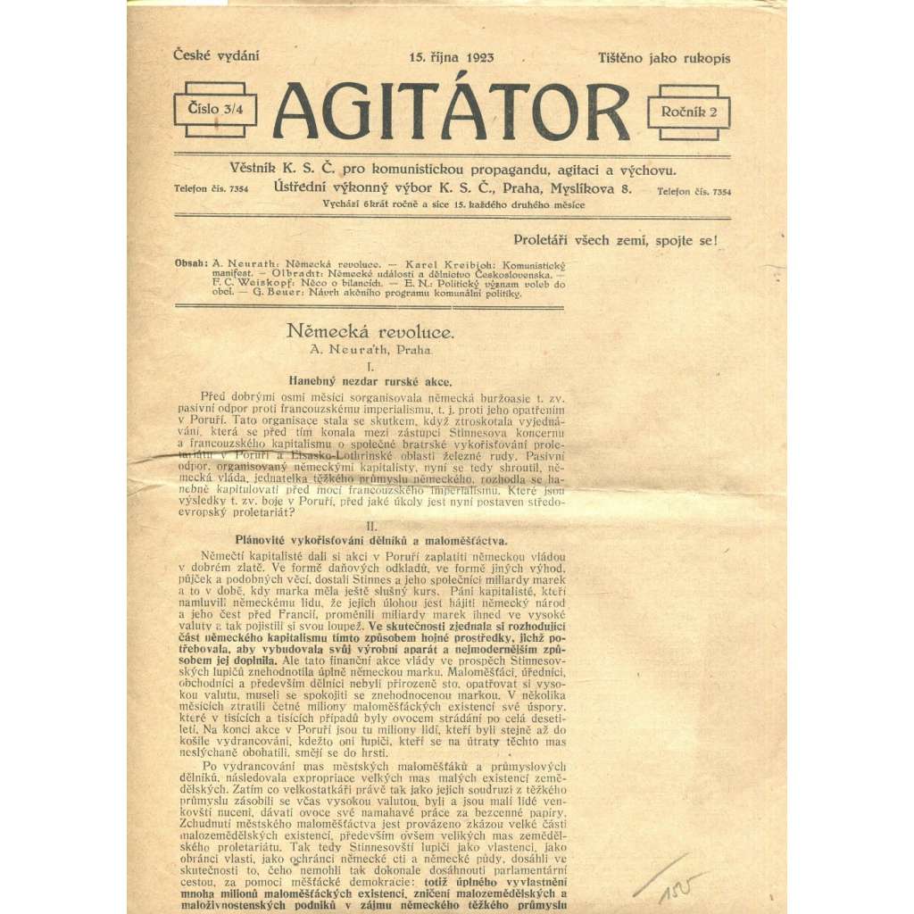 Agitátor, ročník II., číslo 3-4/1923. Věstník K. S. Č. pro komunistickou propagandu, agitaci a výchovu (staré noviny, komunistická literatura)