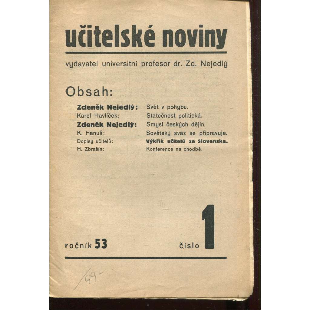 Učitelské noviny, ročník 53, číslo 1/1939 (staré noviny, 1. republika)