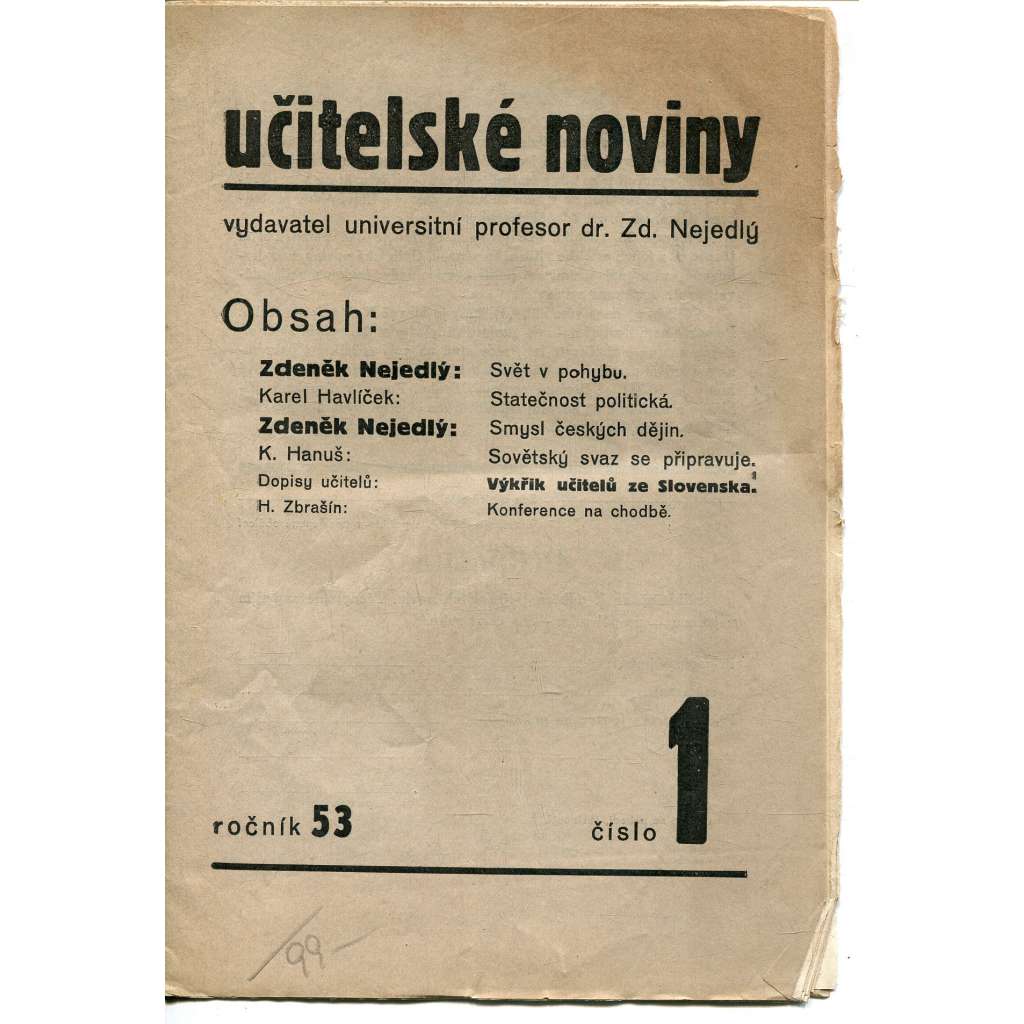 Učitelské noviny, ročník 53, číslo 1/1939 (staré noviny, 1. republika)