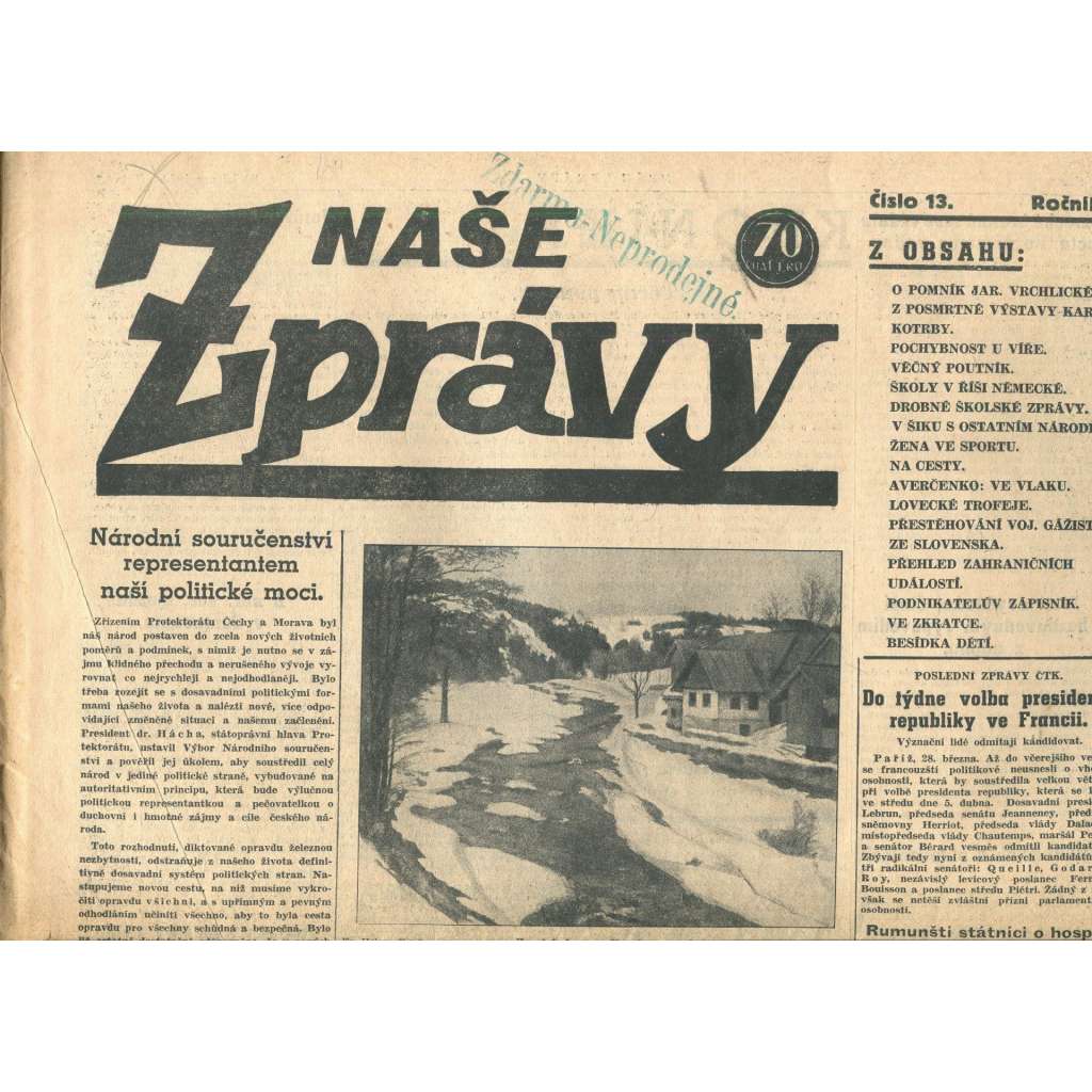 Naše zprávy, ročník I., číslo 13/1939. List Národního souručenství (noviny, 1. republika)