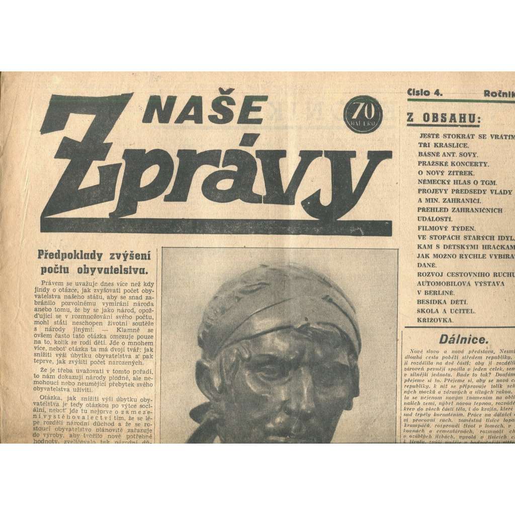 Naše zprávy, ročník I., číslo 4/1939. List Národního souručenství (noviny, protektorát)