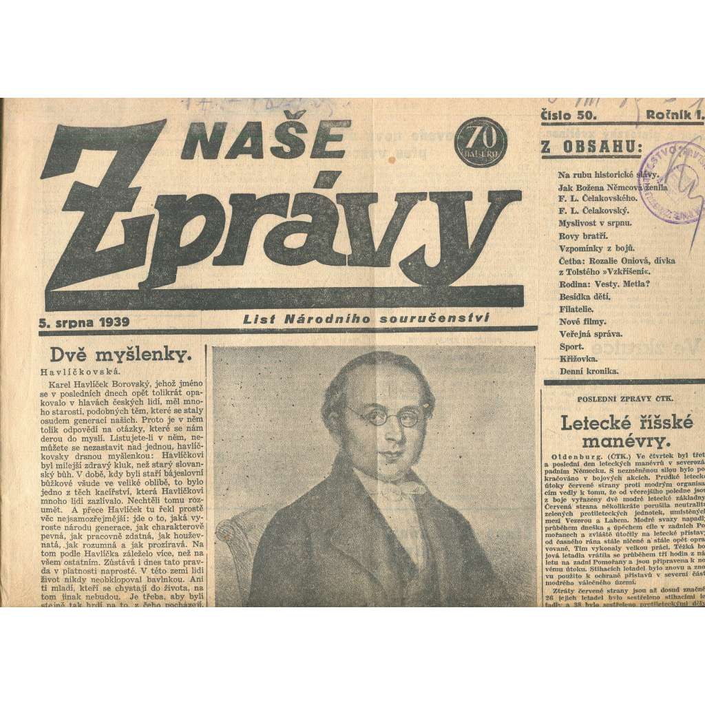 Naše zprávy, ročník I., číslo 50/1939. List Národního souručenství (noviny, protektorát)