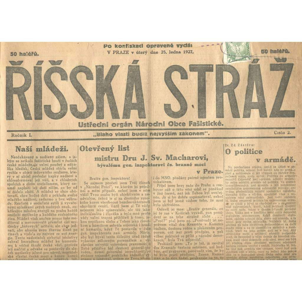 Říšská stráž, ročník I., číslo 2/1927. Ústřední orgán Národní obce fašistické (staré noviny, fašisté, Gajda)