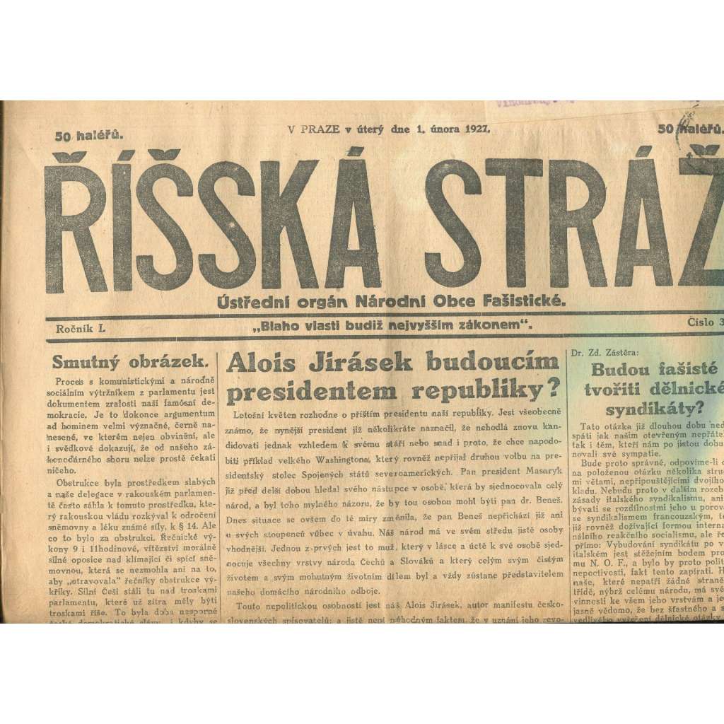 Říšská stráž, ročník I., číslo 3/1927. Ústřední orgán Národní obce fašistické (staré noviny, fašisté, Gajda)
