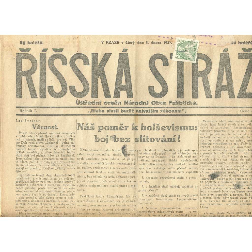 Říšská stráž, ročník I., číslo 4/1927. Ústřední orgán Národní obce fašistické (staré noviny, fašisté, Gajda)
