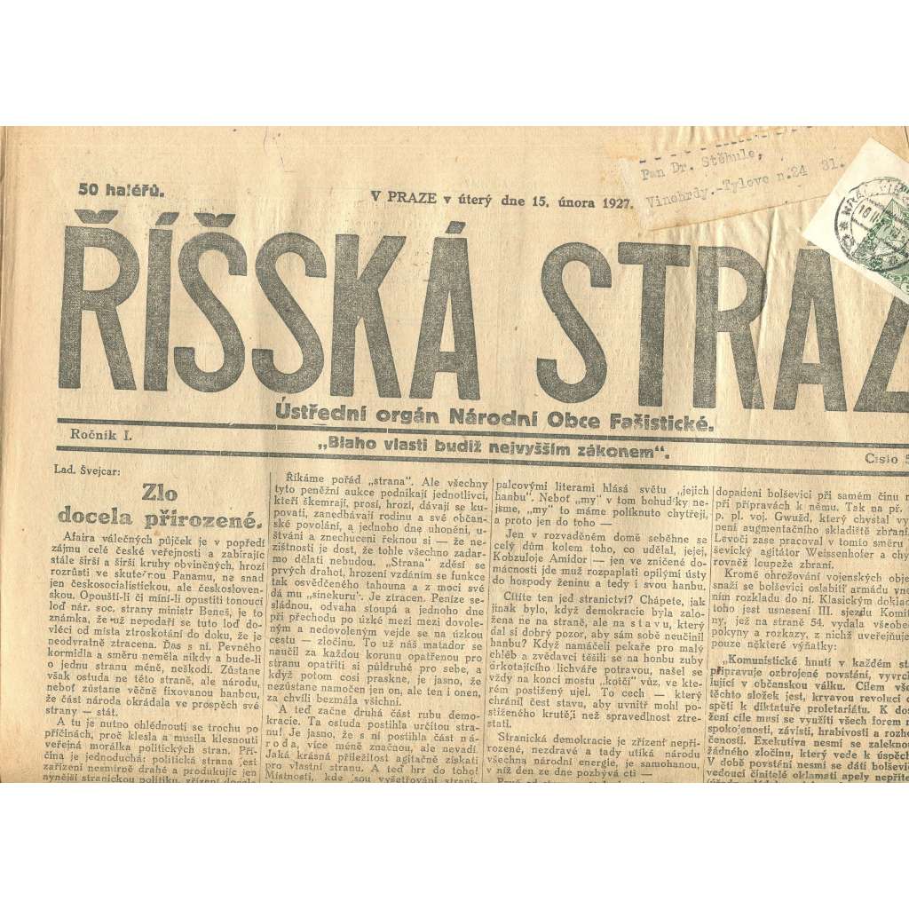 Říšská stráž, ročník I., číslo 5/1927. Ústřední orgán Národní obce fašistické (staré noviny, fašisté, Gajda)
