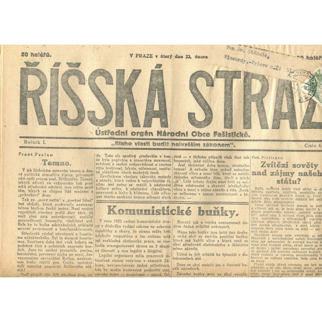Říšská stráž, ročník I., číslo 6/1927. Ústřední orgán Národní obce fašistické (staré noviny, fašisté, Gajda)