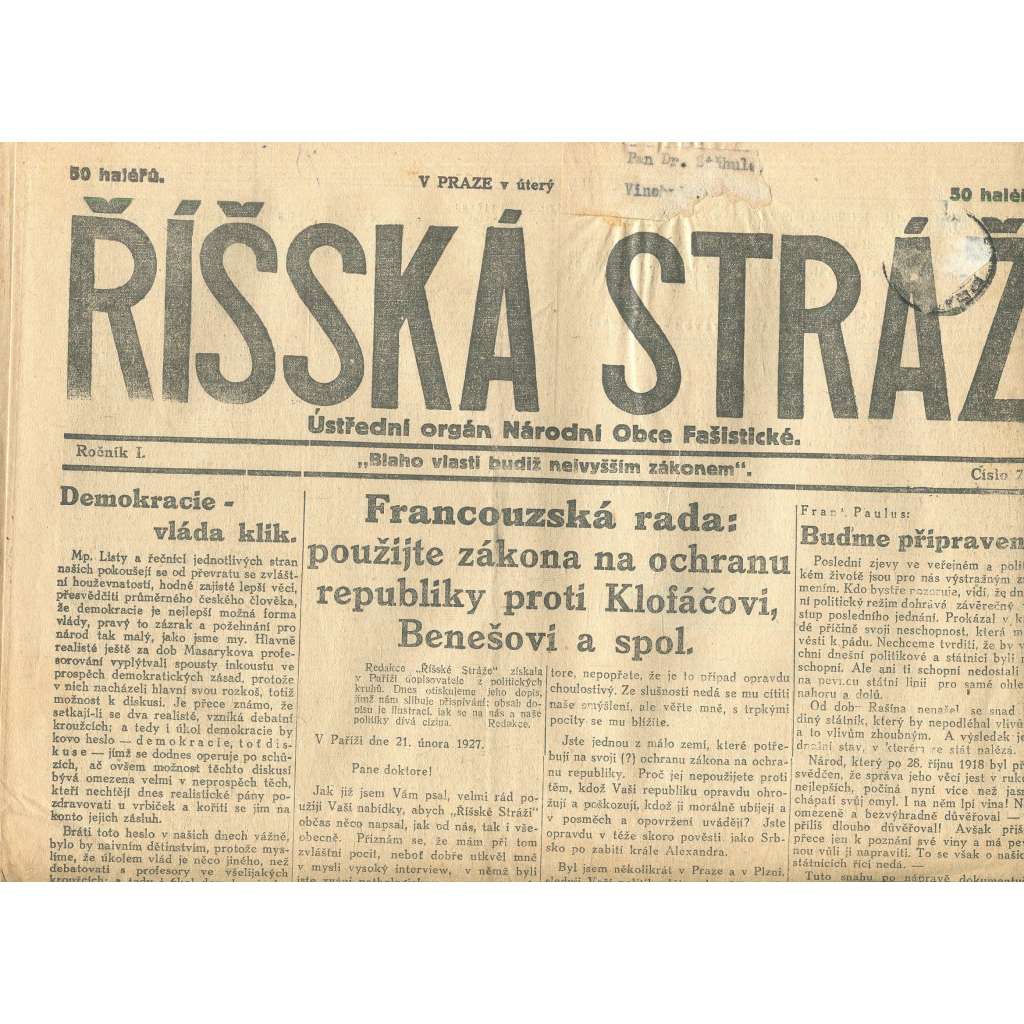 Říšská stráž, ročník I., číslo 7/1927. Ústřední orgán Národní obce fašistické (staré noviny, fašisté, Gajda)