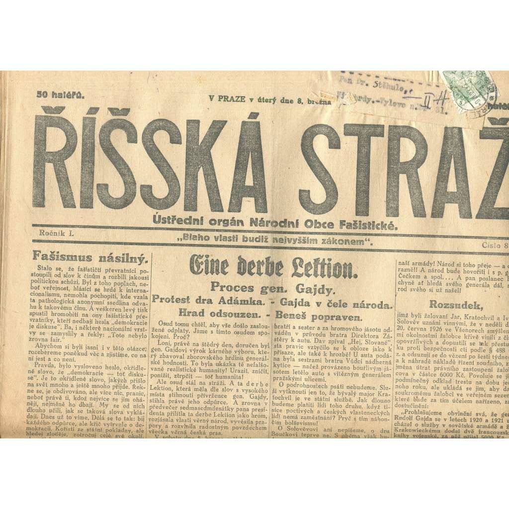 Říšská stráž, ročník I., číslo 8/1927. Ústřední orgán Národní obce fašistické (staré noviny, fašisté, Gajda)