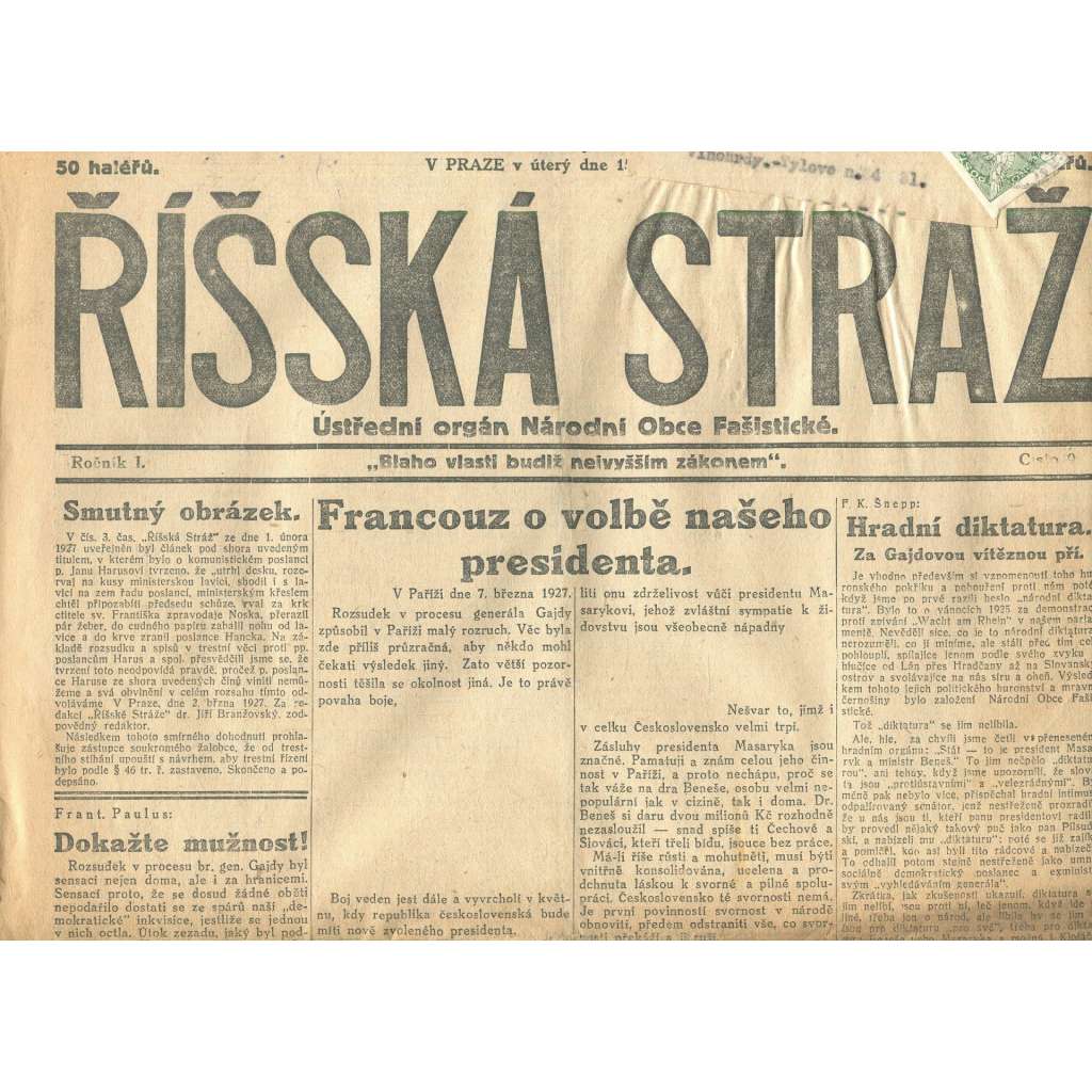 Říšská stráž, ročník I., číslo 9/1927. Ústřední orgán Národní obce fašistické (staré noviny, fašisté, Gajda)