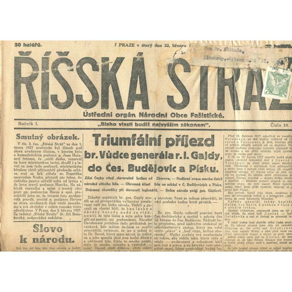Říšská stráž, ročník I., číslo 10/1927. Ústřední orgán Národní obce fašistické (staré noviny, fašisté, Gajda)