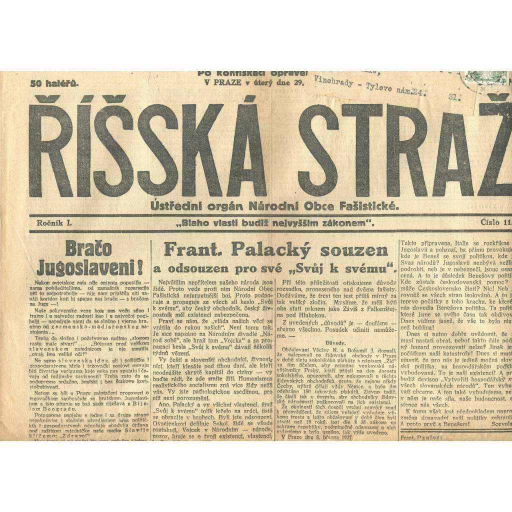 Říšská stráž, ročník I., číslo 11/1927. Ústřední orgán Národní obce fašistické (staré noviny, fašisté, Gajda)