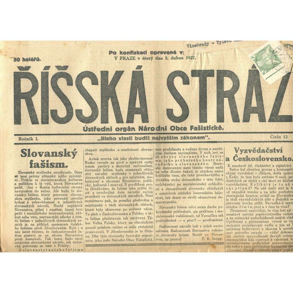 Říšská stráž, ročník I., číslo 12/1927. Ústřední orgán Národní obce fašistické (staré noviny, fašisté, Gajda)