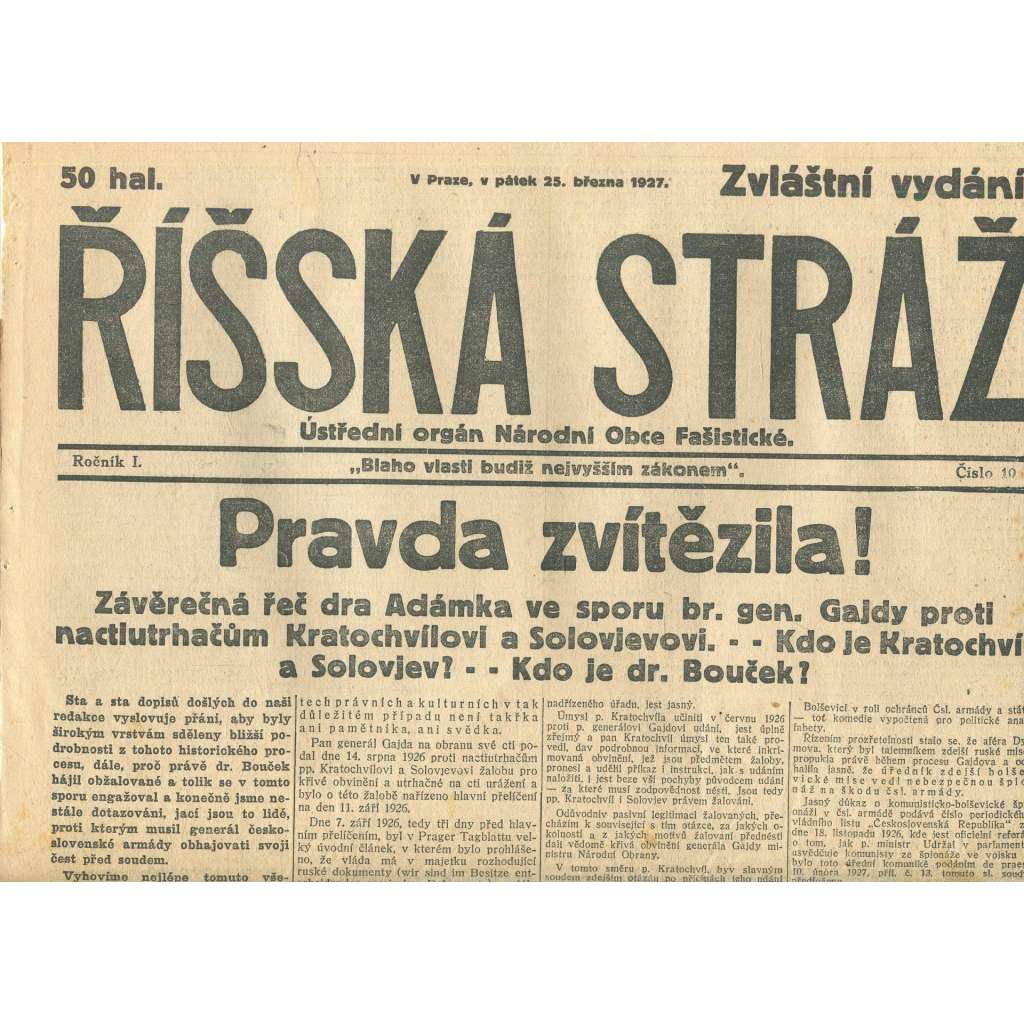 Říšská stráž, ročník I., číslo 10/1927. Ústřední orgán Národní obce fašistické (staré noviny, fašisté, Gajda)