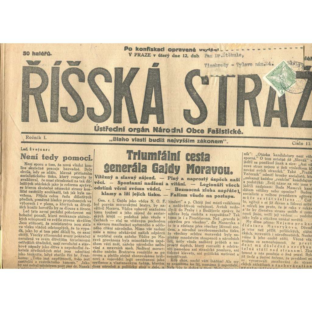Říšská stráž, ročník I., číslo 13/1927. Ústřední orgán Národní obce fašistické (staré noviny, fašisté, Gajda)