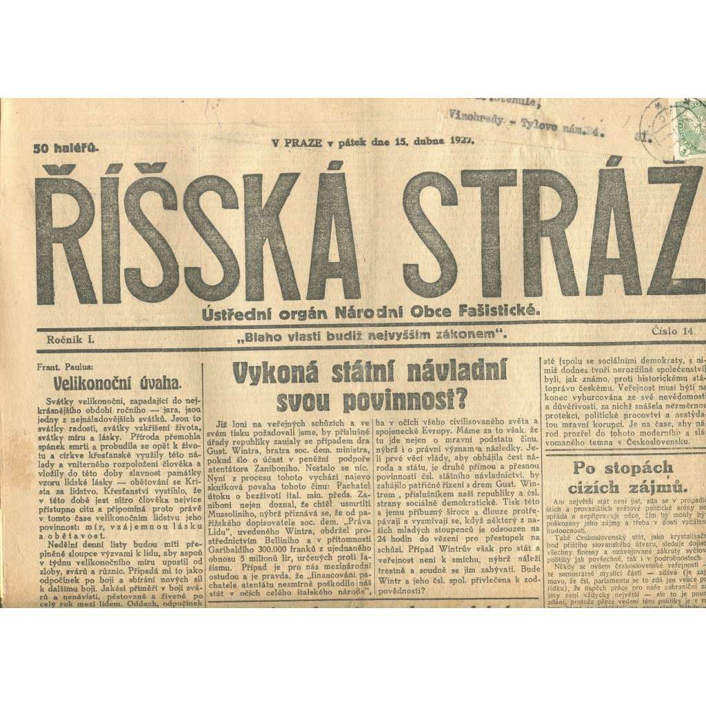 Říšská stráž, ročník I., číslo 14/1927. Ústřední orgán Národní obce fašistické (staré noviny, fašisté, Gajda)