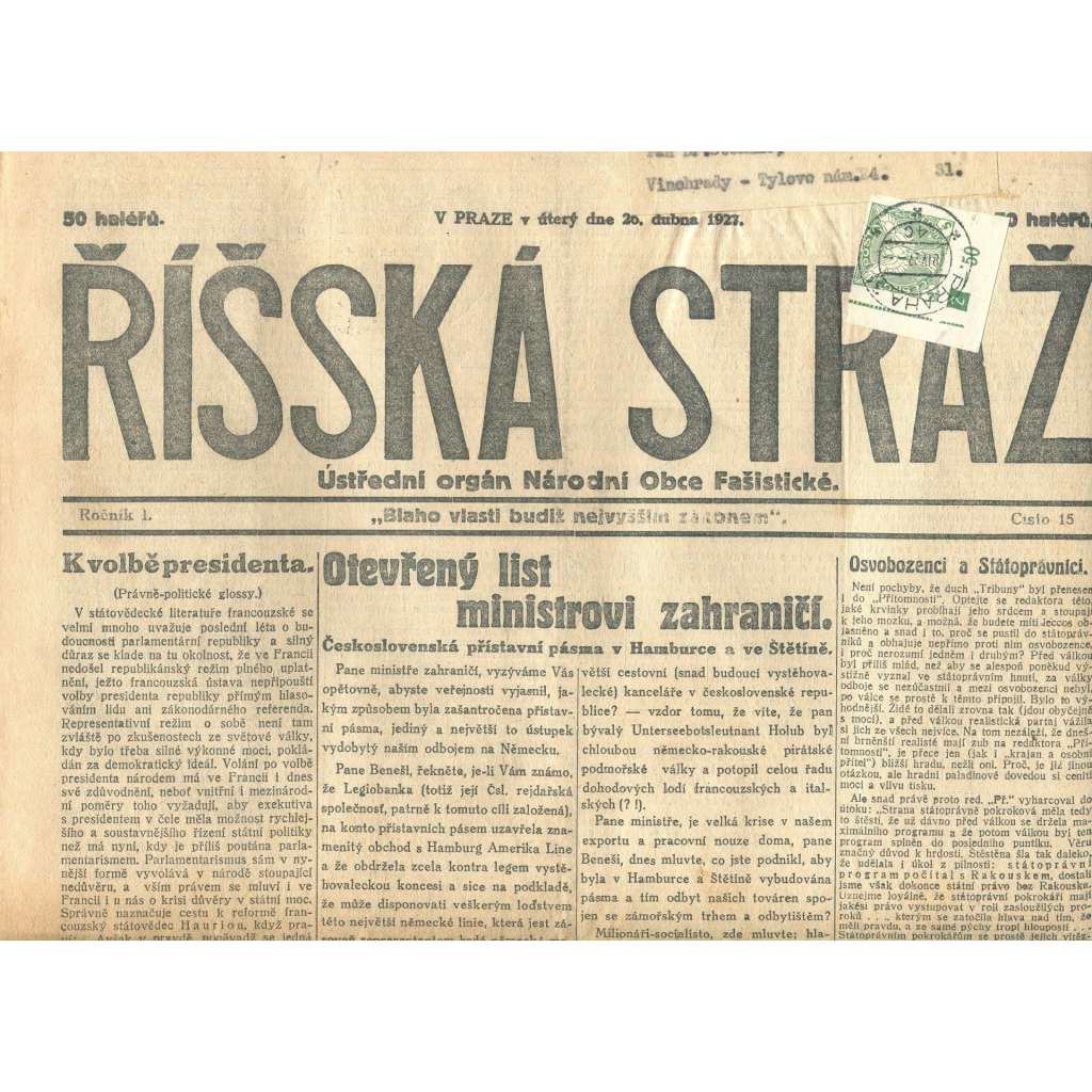 Říšská stráž, ročník I., číslo 15/1927. Ústřední orgán Národní obce fašistické (staré noviny, fašisté, Gajda)