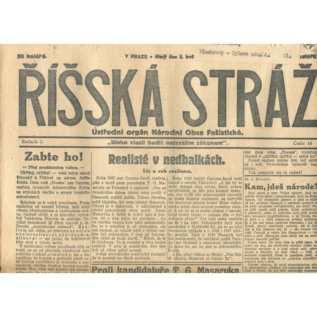 Říšská stráž, ročník I., číslo 16/1927. Ústřední orgán Národní obce fašistické (staré noviny, fašisté, Gajda)